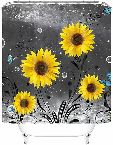 Miniatura 4 de Yellow Sunflowers Bathroom Curtain Butterfly Flowers Shower Curtain Bathroom Decor Set with Hooks Waterproof Washable 72 x 72 inches-Grey Yellow