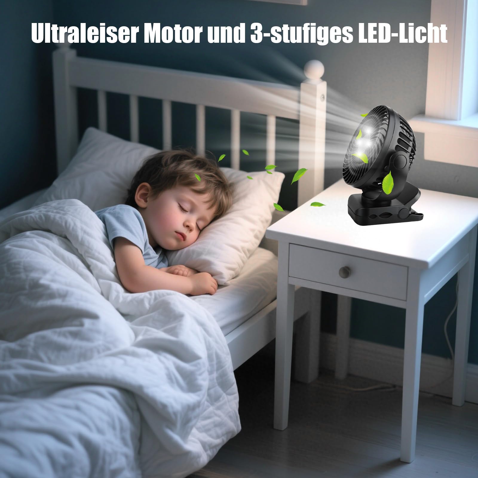 8000mAh Mini USB Ventilator Akku,Tischventilator mit Clip,3-Gang ventilator kinderwagen mit LED-Nachtlicht &Fernbedienung,360° Rotation, Aufladbar Batterie Portable Table Fan Mini Ventilator