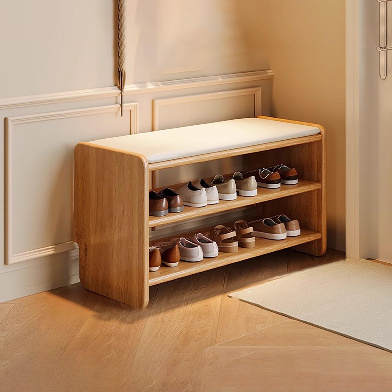 MSHGSKU Modern 2 Tier Shoe Rack Bench with Padded Seat – Stylish Wood Shoe Storage nizer for Entryway Hallway & Front Door (ge 60x30x42cm)