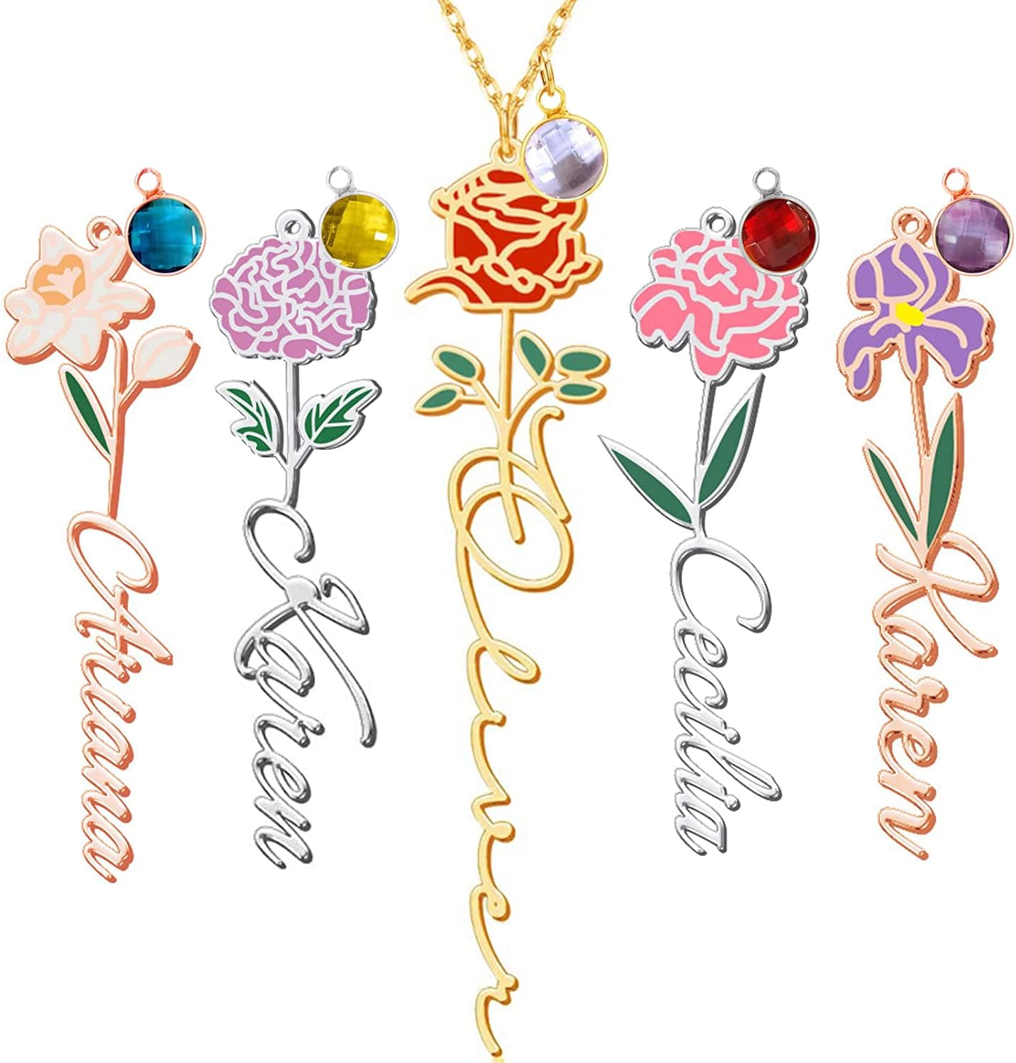 Birth Flower Necklace Custom Birthstone Name Necklace Personalized Birth Month Dainty Flower Necklace in 18K Gold Plated Engrave Birth Flower Name Necklace for Women Her Mom Sisters Girls