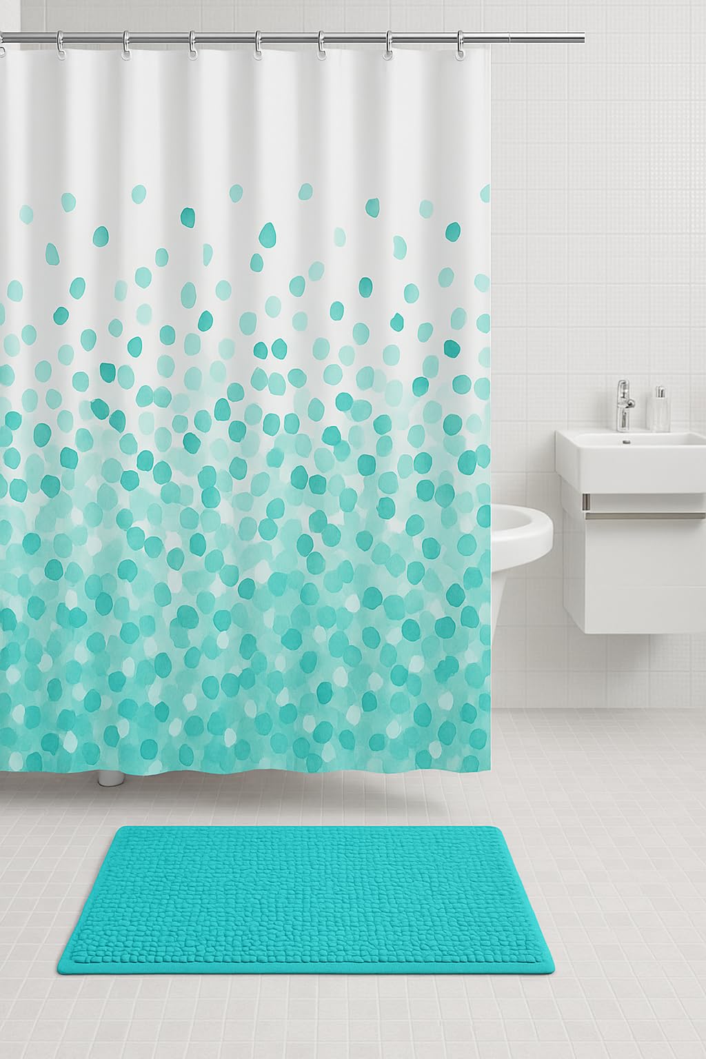 Adore Home Aqua Peva Shower Curtain & Chenille Bath Mat Set Matching, Pebbles
