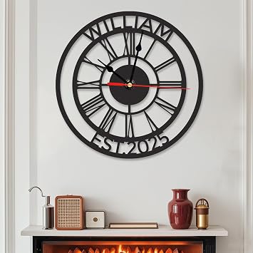 Personalized Large Outdoor Clock Waterproof, Custom Family Name Outdoor Pool Clock with Roman Numeral, Silent Vintage Modern Wall Clock Decorative for Living Room Bedroom Decor, Customized Gifts