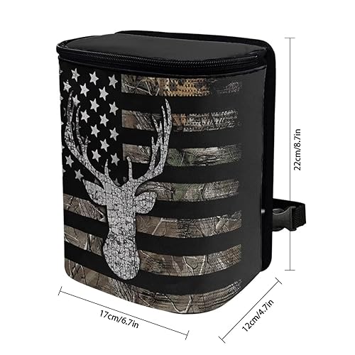Miniatura 6 de Cubo de basura para automóvil con estampado de bandera estadounidense, diseño de ciervos, camuflado, tamaño Laege, cubo de basura portátil ajustable