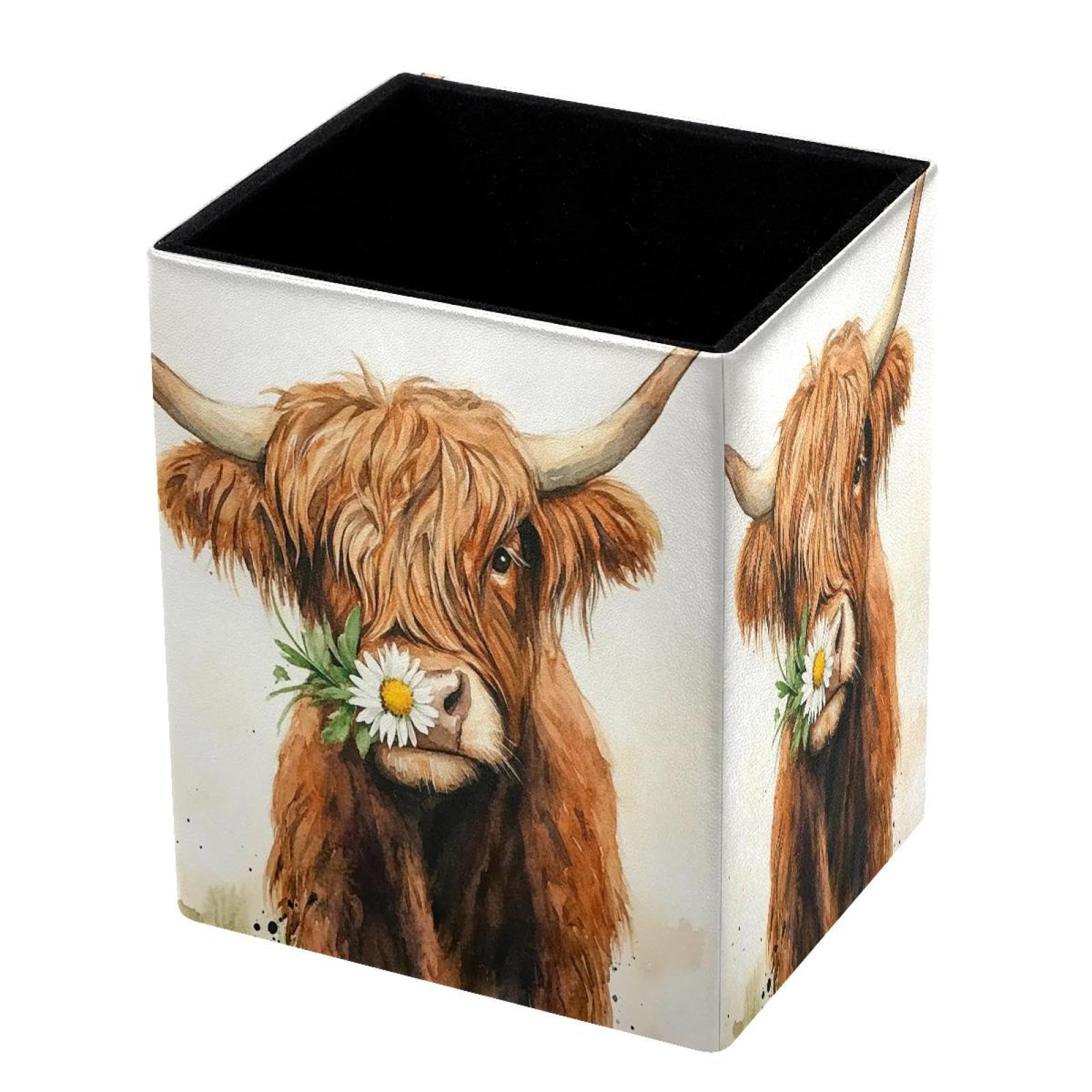 DragonBtu Desktop Pencil Holder, Watercolor Cow Rectangular Pencil Cup, Pencil Storage Bag Office Desk Supplies Case for School, Kids