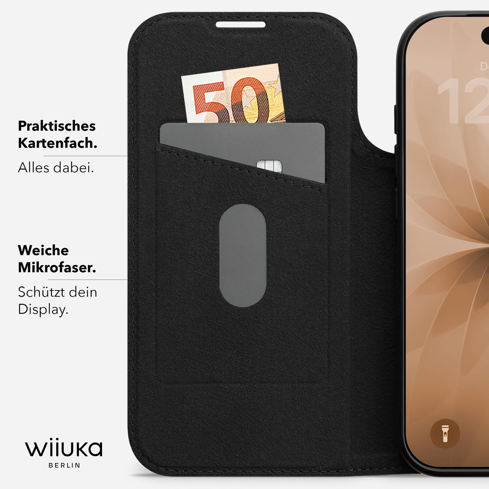 WIIUKA Hülle für iPhone 17 Pro, Leder aus Deutschland, mit Kartenfach, extra Dünn, Handyhülle mit Standfunktion, Tasche, Klapphülle, suiit, Teil, Schwarz