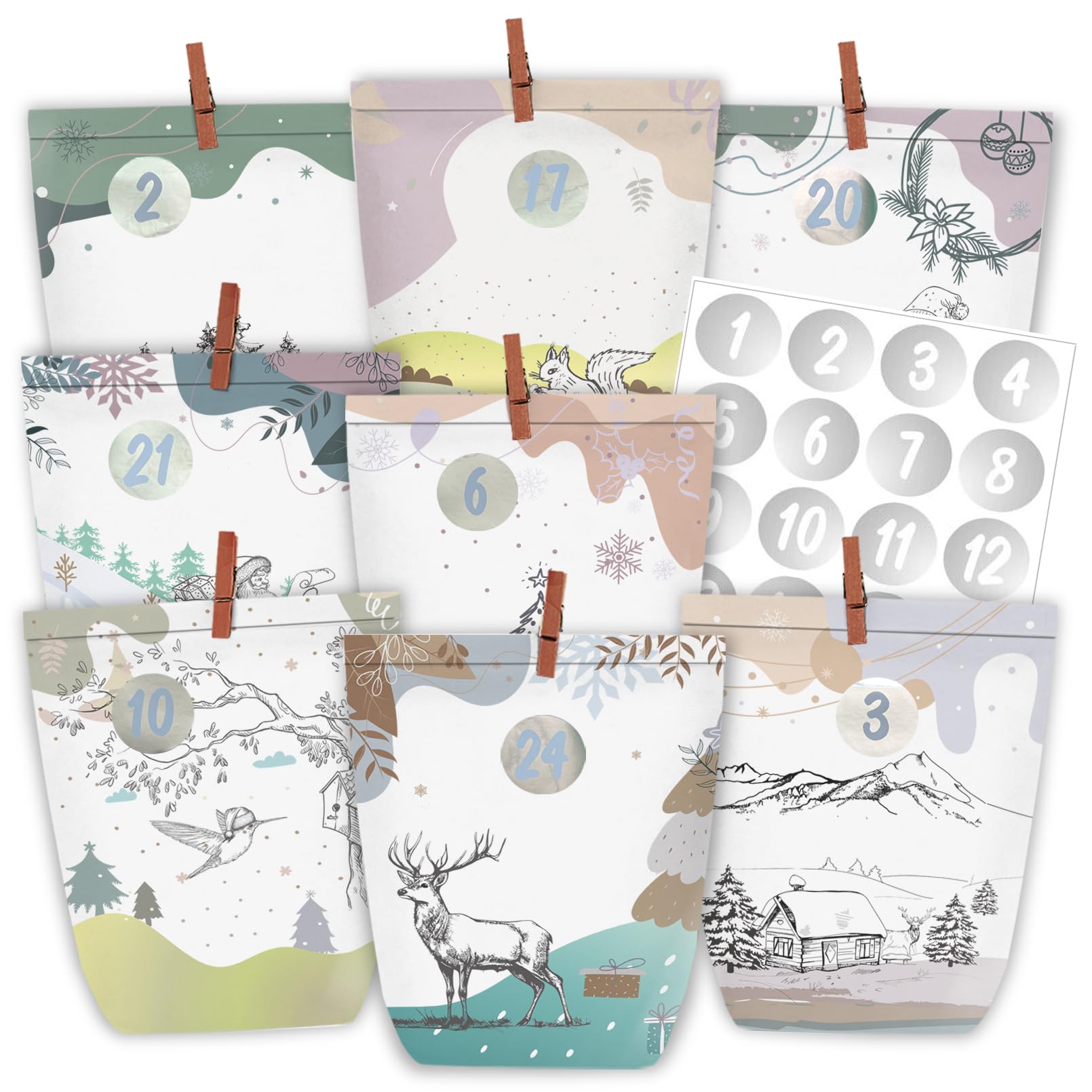 PANSIBY Advent Calendar for Filling 24 Christmas Calendar Paper Bags for DIY Crafts Christmas Bags with 1-24 Number Stickers to Fill Yourself