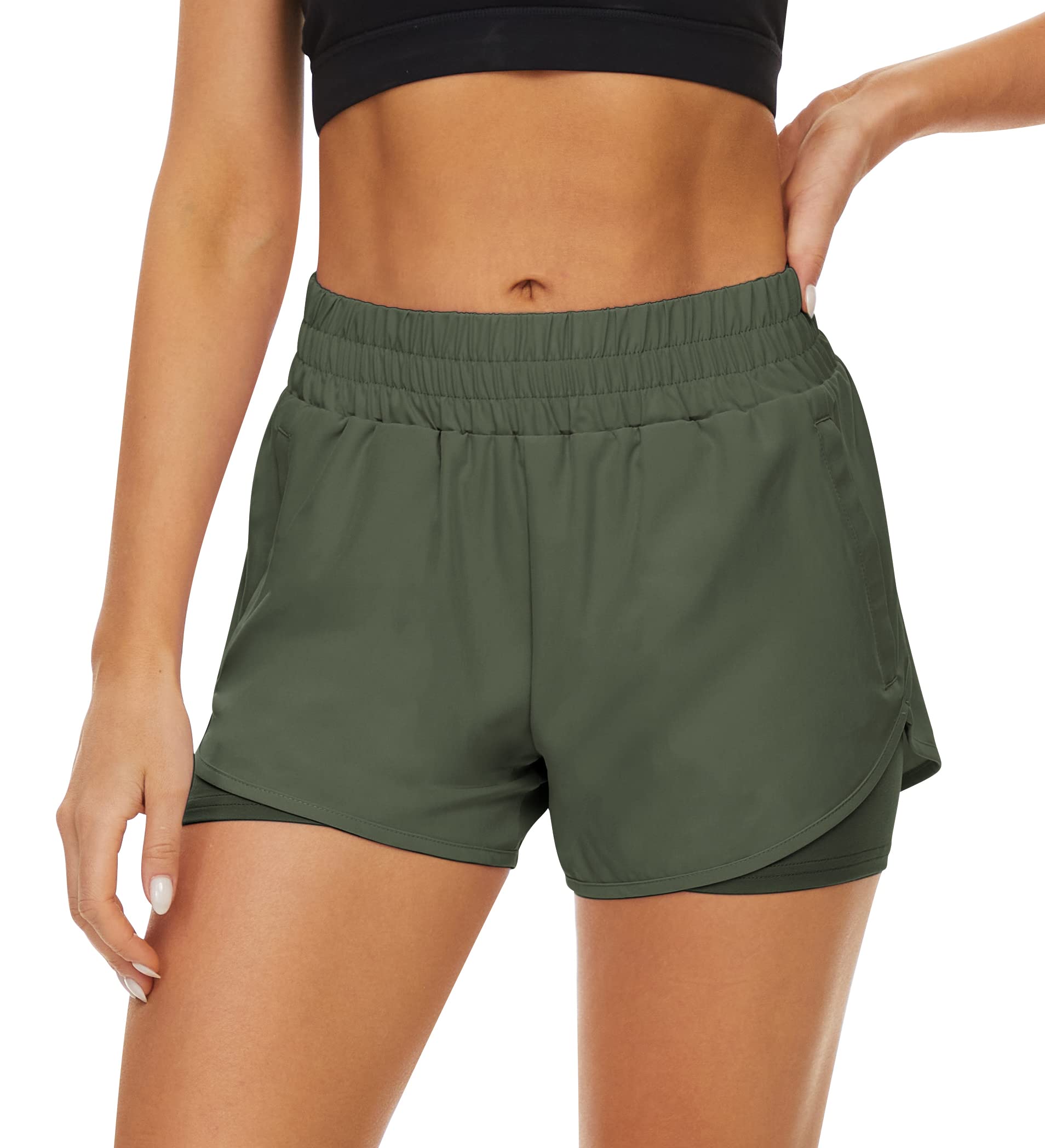 Fengbay 2er Pack Laufshorts Damen Sport Shorts 2 in 1,Schnelltrocknend Kurze Laufhose Sommer High Waist Tennis Running Gym Jogging Yoga Shorts mit Taschen