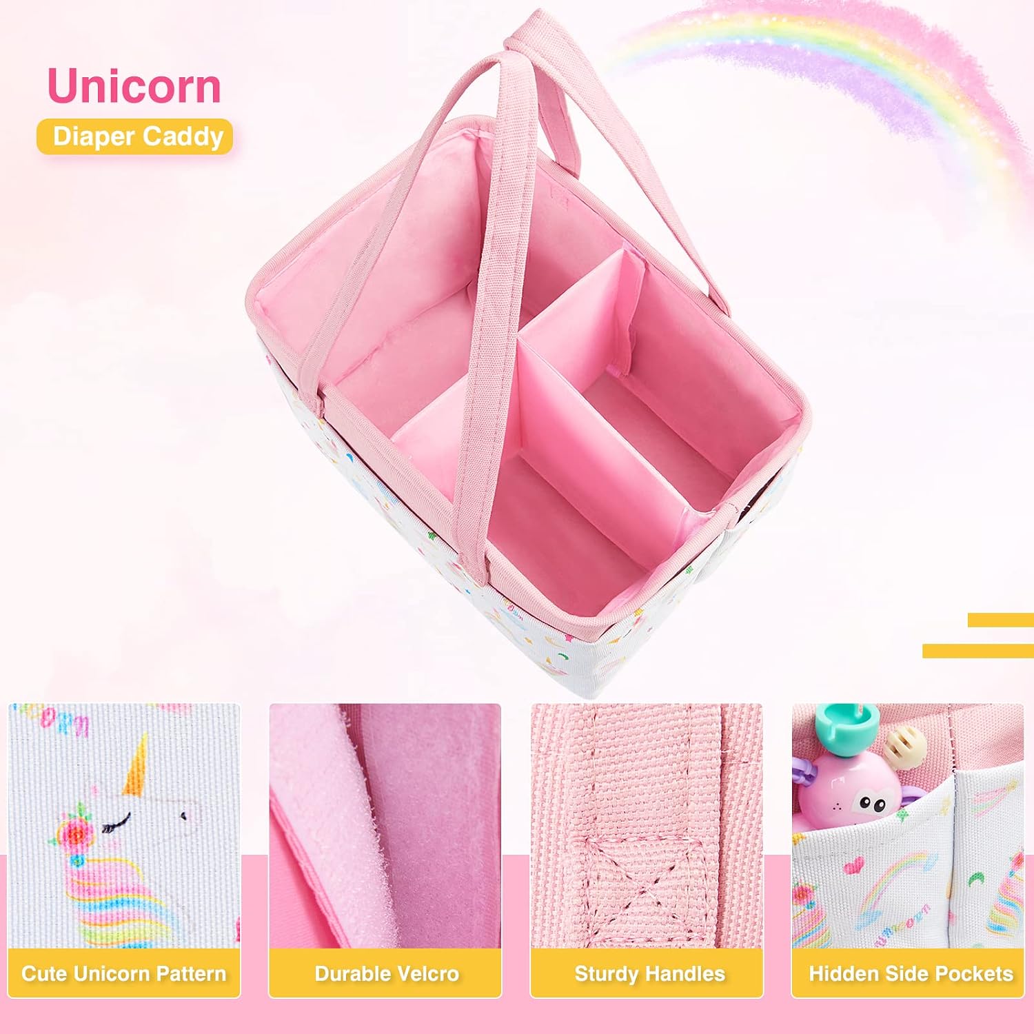 WERNNSAI Unicorn Diaper Caddy - Collapsible Nursery Organizer for Girls Kids Large Pink Basket Storage for Changing Table Car Travel Living Room Newborn Essentials Must Have Dots
