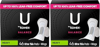 U by Kotex Balance Ultra Thin Pads with Wings, Heavy Absorbency, 46 Count (Packaging May Vary) (Pack of 2)