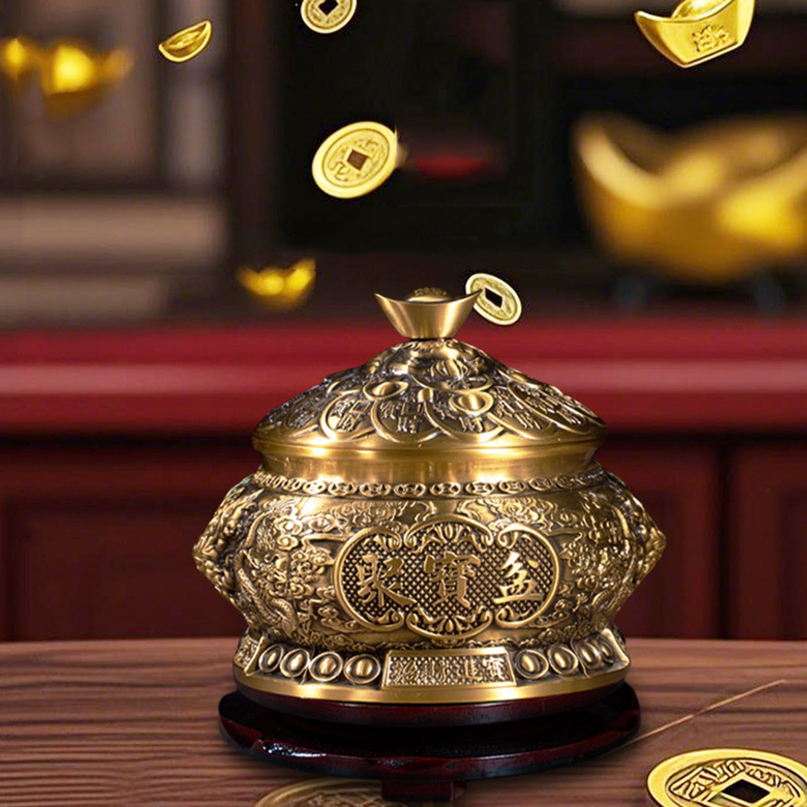 Miska na skarby Feng Shui z pokrywką i sztabką cytrynu - mosiężny symbol bogactwa ze złotym kryształem do dekoracji biurka w domu,18CM