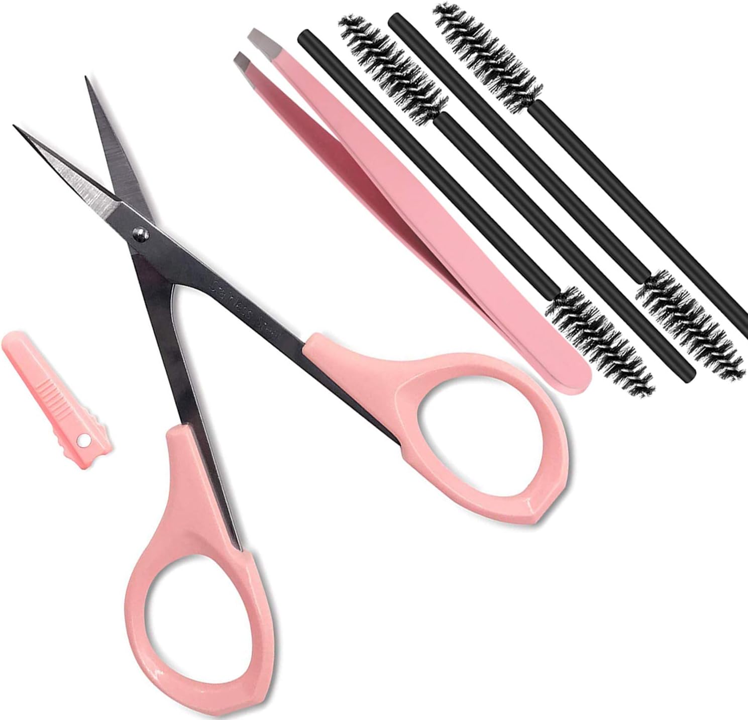 4" Curved Craft Scissors Stainless Steel Unisex Eyebrow Kit Eyebrow Scissors, Slant Tweezers And Eyebrow Brush for Eyebrow Eyelash Extensions Pink Set