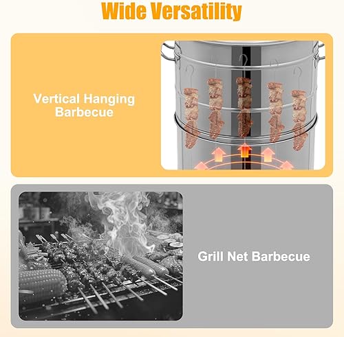 Miniatura 4 de Parrillas de carbón portátiles grandes verticales de carbón con 50 pinchos, parrilla de barbacoa de carbón inoxidable, barril de barbacoa de 360° al