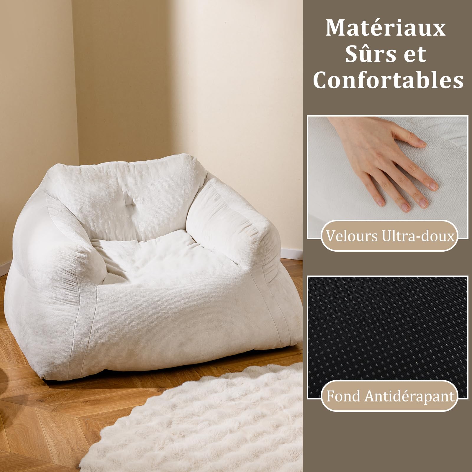 COSTWAY Fauteuil Poire pour Salon, Canapé Moelleux en Velours Ultra-Doux Convient pour Enfant, Ado & Adulte, Fond Antidérapant, Fauteuil de Sol Rembourré pour Salon, Chambre, 110 x 124 x 68 cm, Beige