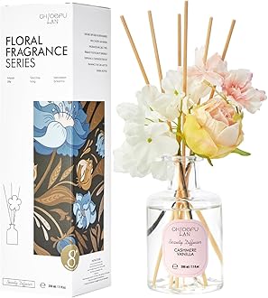 Cashmere Vanilla Reéd Diffuser Set with Flowers Reéd Diffuser Sticks, 6.7oz Scent Fragrance Essential Oil Diffuser for Bedroom Bathroom Home Décor Shelf Decor