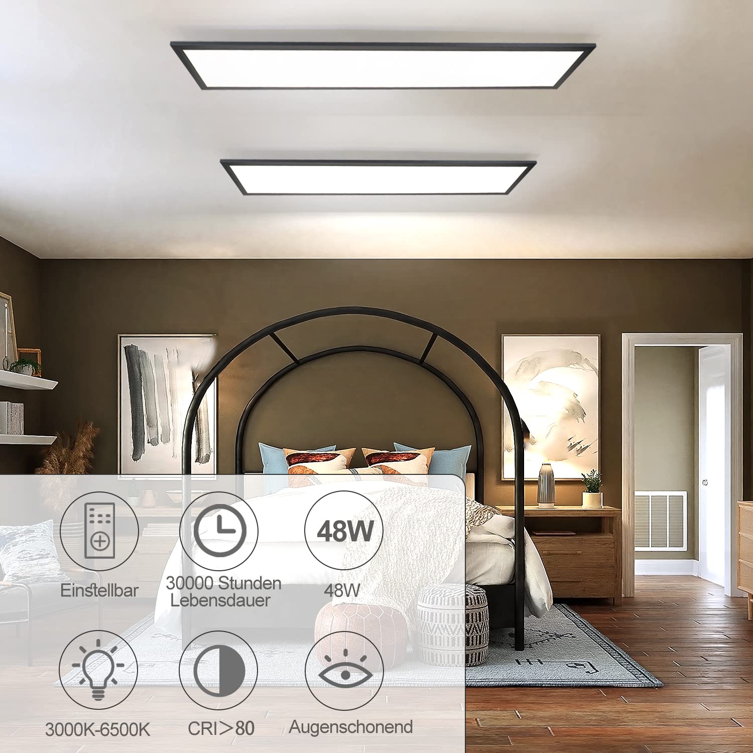 CBJKTX Panel LED Negro Lámpara de Techo Regulable - 120x30CM Lámpara de | Techo Oficina Plana con Control Remoto Lámpara de Salón 48W Lámpara de Cocina Panel de Techo para Cocina Dormitorio Pasillo