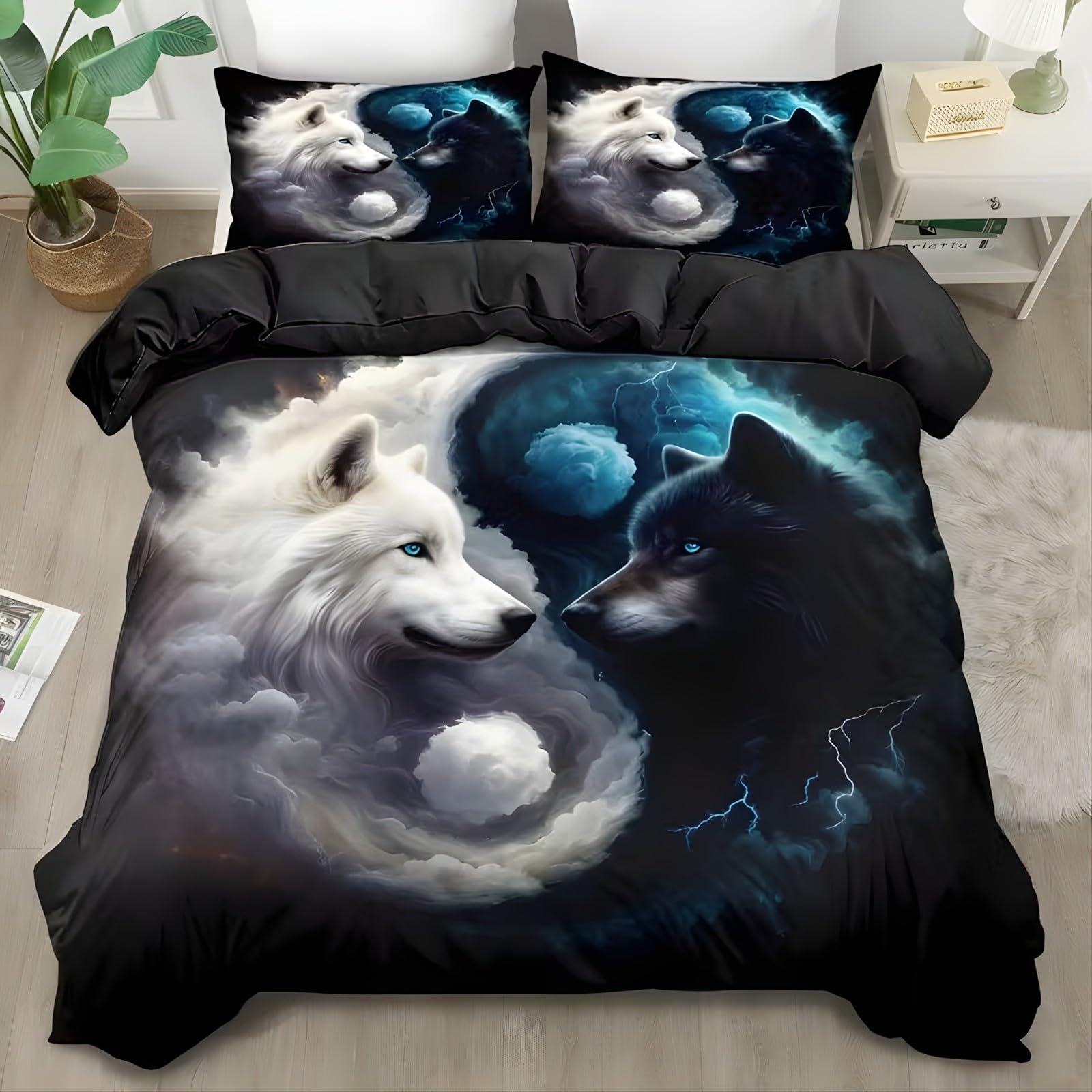 Lobo Blanco y Negra Funda NóRdica 220x240cm, Símbolo del Tai Chi Juego de Cama de 3 Piezas con 2 Fundas de Almohada 50x75 cm, Funda de Edredón de Microfibra con Cremallera y 4 Lazos en las Esquinas