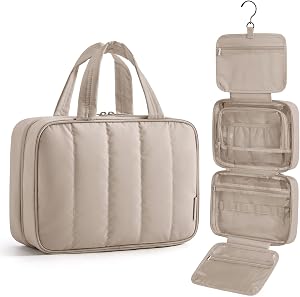 BAGSMART Hanging Puffy Toiletry Bag for Women, Travel Big Compartment Makeup Cosmetic Bag, Waterproof Business Organizer Accessories Essentials with Hook, Camel