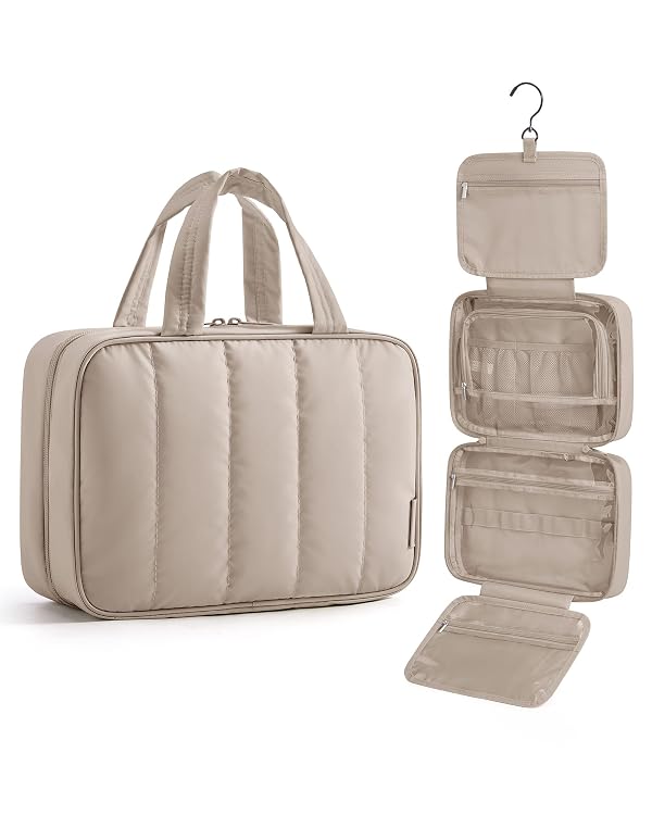 BAGSMART Travel Toiletry Bag for women, Portable Hanging Hook Makeup Bag Organizer, Waterproof Makeup Cosmetic Bag, for Full-Size Accessories, Toiletries, Camel by BAGSMART - Used condition - US$16.92