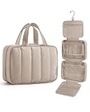 BAGSMART Travel Toiletry Bag for women, Portable Hanging Hook Makeup Bag Organizer, Waterproof Makeup Cosmetic Bag, for Full-Size Accessories, Toiletries, Camel
