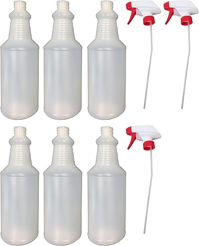 Illing Company - 6 botellas de jarra de polietileno de alta densidad natural de 32 onzas con 3 pulverizadores mezcladores de gatillo rojo/blanco de