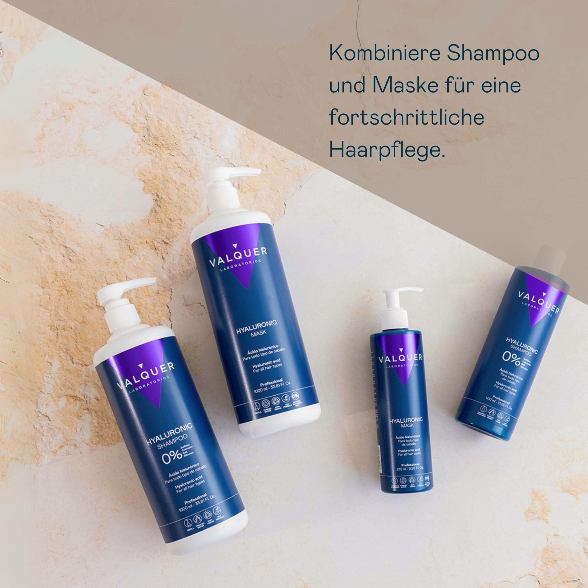 VALQUER Hyaluronsäure Set | Shampoo und Haarmaske Zero | 1 L + 975 ml | Spendet Feuchtigkeit, repariert und schützt trockenes und geschädigtes Haar | Mit Keratin und Aloe Vera