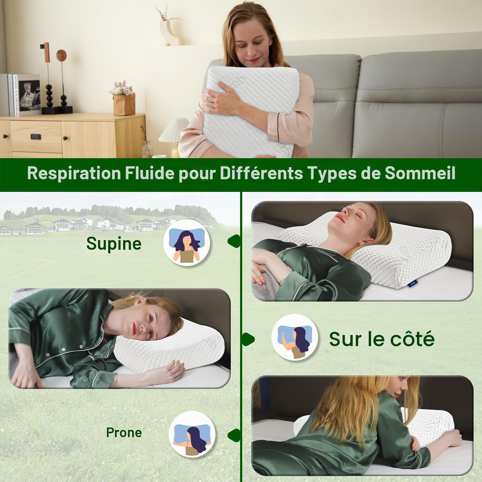 LAMB Oreiller Ergonomique Cervical à Mémoire de Forme, Réglable Hauteur, Oreiller Hypoallergénique Lavable de Soutien Doux Prime