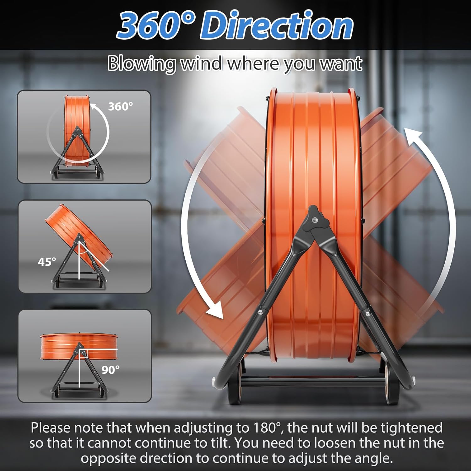 LifePlus 30" Industrial Drum Fan, 14000 CFM High Velocity 3-Speed Heavy Duty Metal Air Circulator with 360° Tilt, Casters Handle for Warehouse Factory workshops Patios Garage, Orange