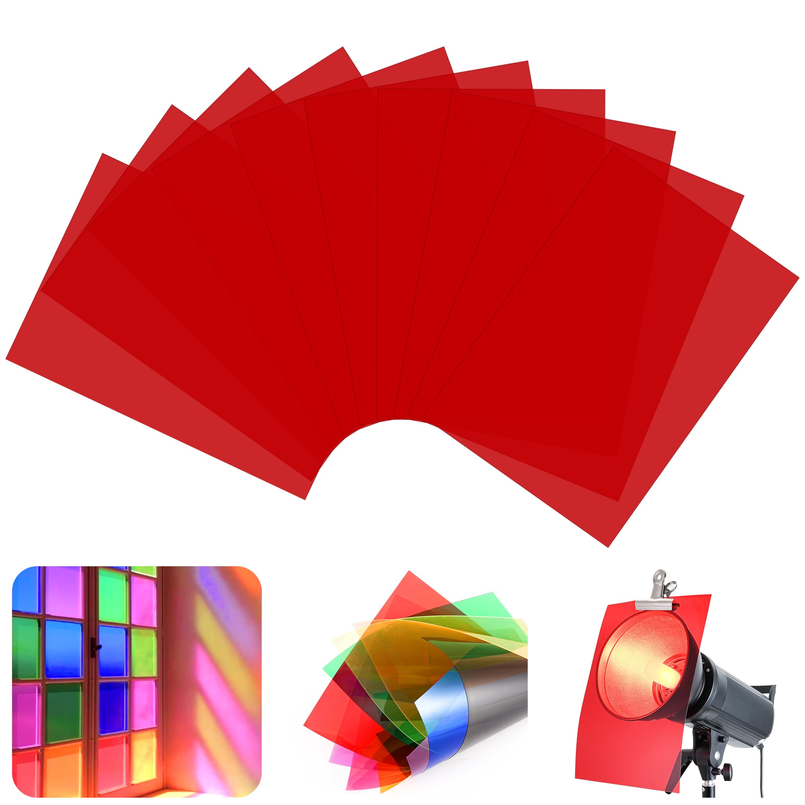 10 Pack Gel Light Filter Sheets, A4 Size Transparency Colored Plastic Sheets,Light Gel Filters for Photography Studio Lighting, Stage LED Lights,Headlight Film,DIY Tinted Window Film (Red)