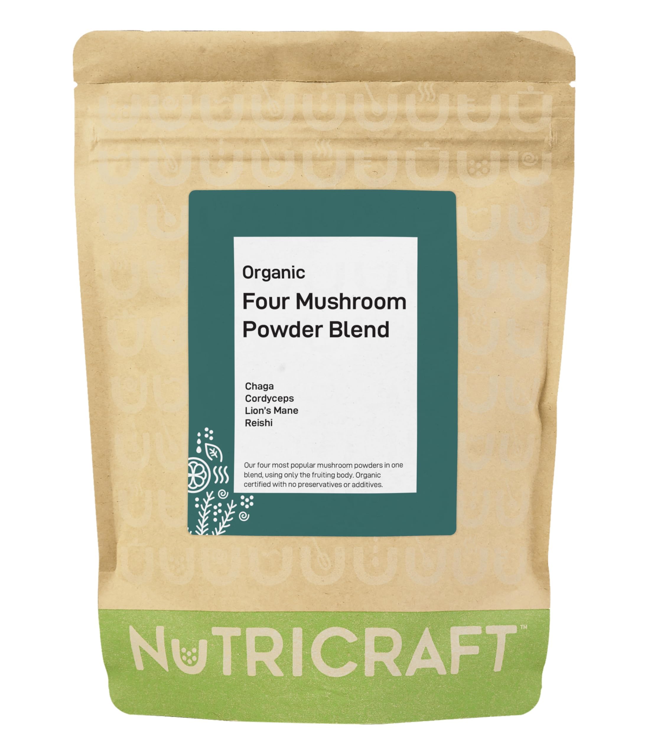 NutriCraft Organic Four Mushroom Blend Powder - 500g - Lion's Mane, Reishi, Cordyceps, Chaga, Vegan, Immune Support, Energy & Brain Health, No Additives or Preservatives