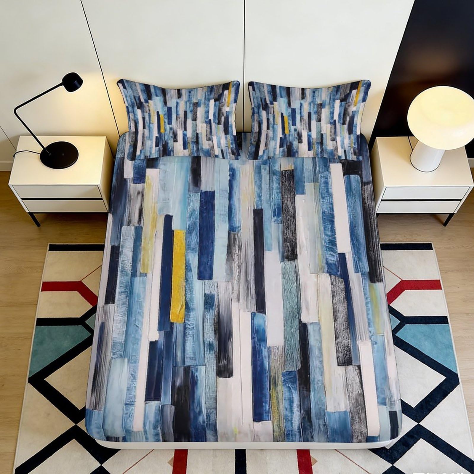 Pnayamiorkfel Style-2 3D Printed Abstract Blue Stripes Fitted Sheet Microfiber Soft Artistic Brush Mattress Cover For Bedroom Guest Room Decor 90X200x25cm