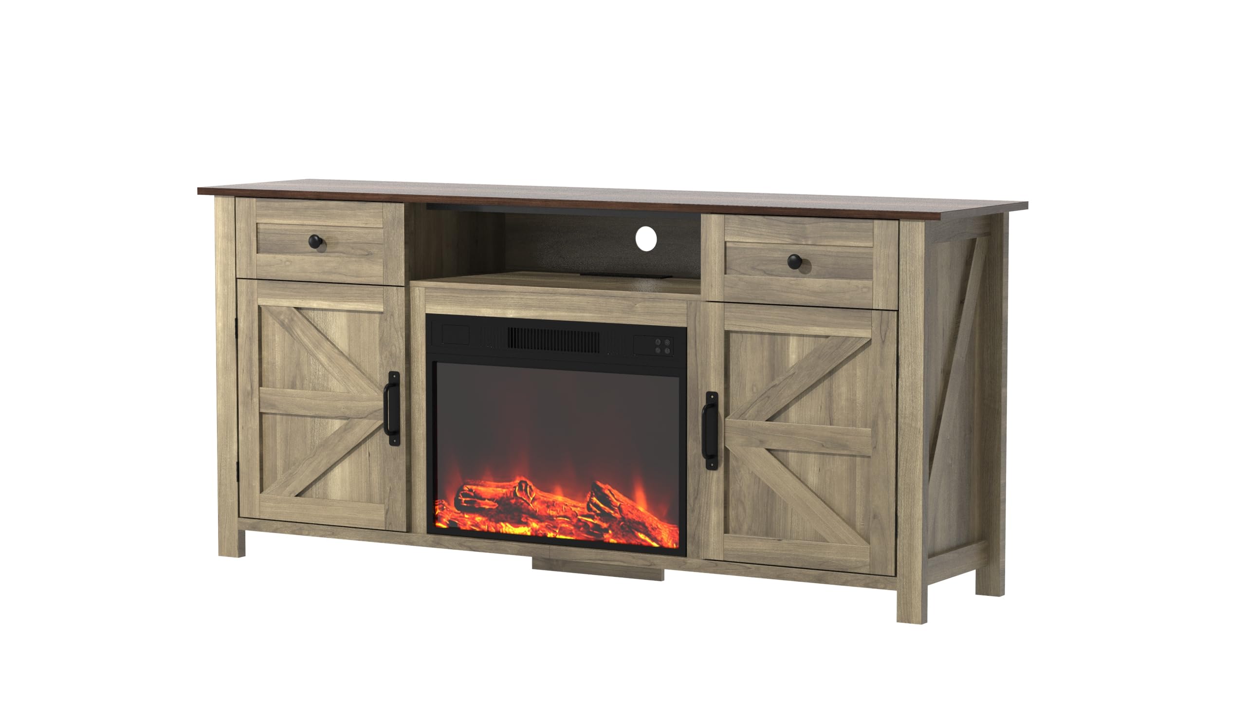 WLIVE 65-inch TV Stand in Gray Oak, front view with a TV and decor items