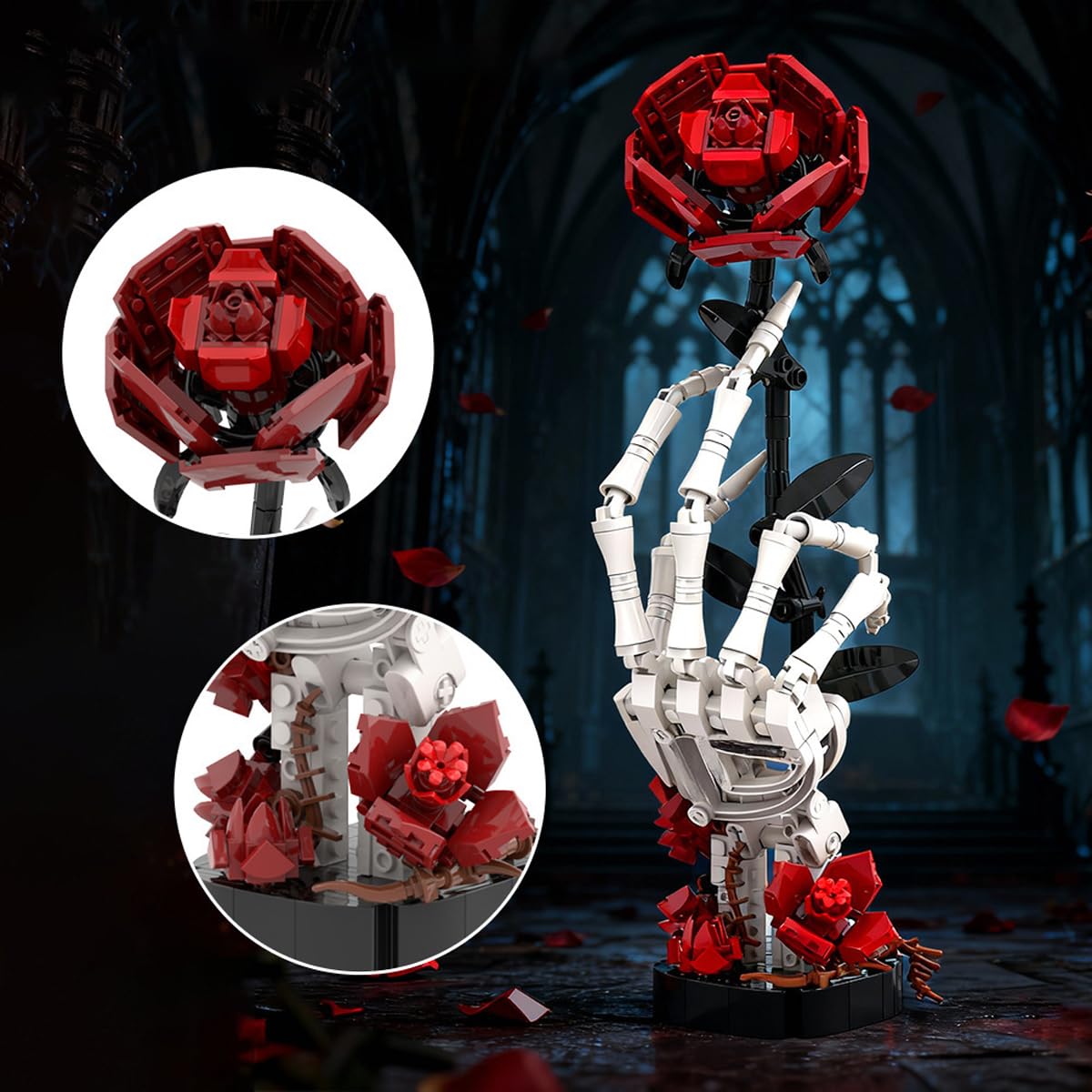 Set di blocchi di costruzione di rose rosse, kit di costruzione bouquet di fiori, bouquet di fiori per adulti, 357 pezzi rose rosse decorative per ufficio o casa