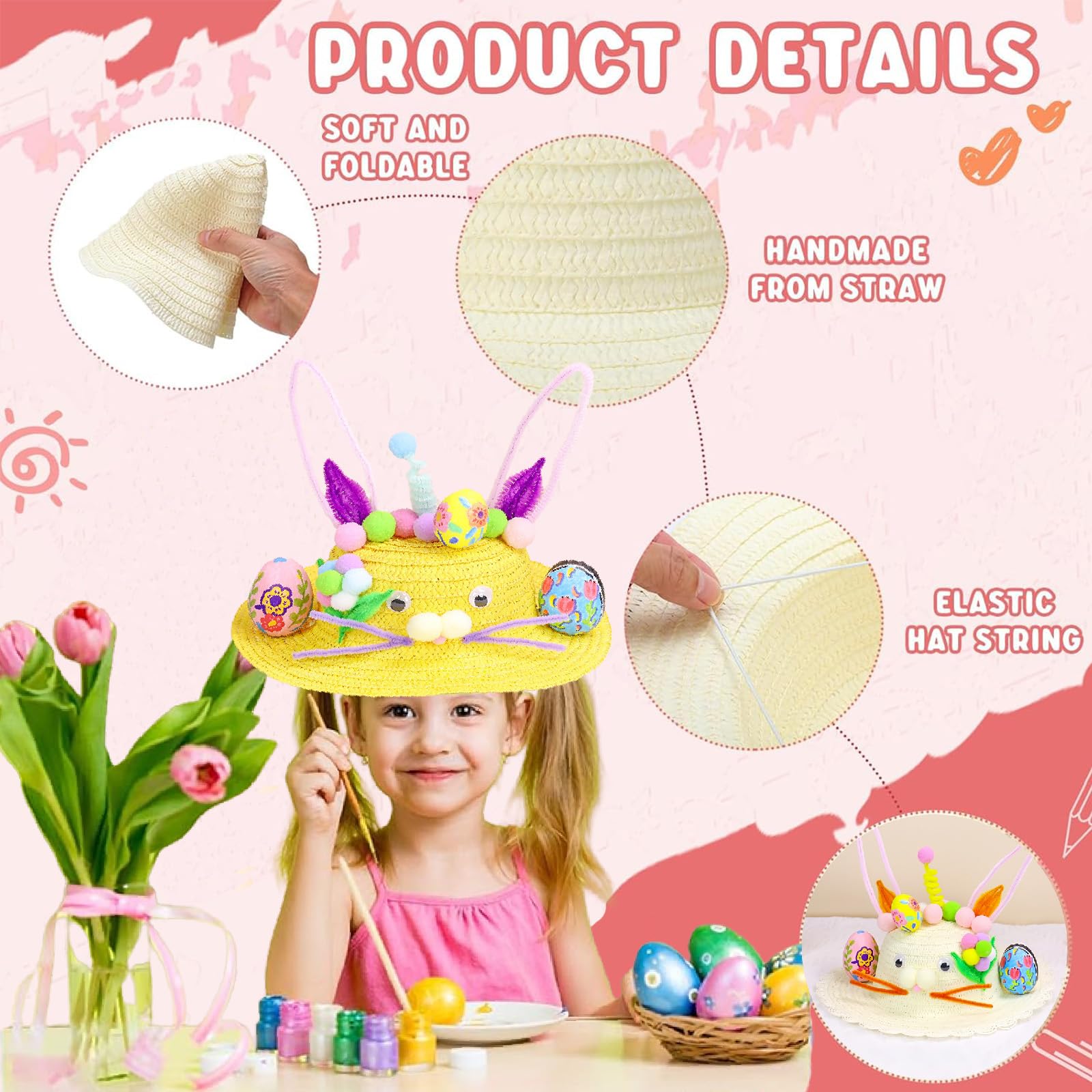Mienocol Yellow Easter Bonnet Kit,DIY Handmade Hat for Kids Boys Girls Gifts,Make Your Own Bonnet Hat Craft Set including Bunny Eggs Decorations DIY Handmade Game for Easter Party Kindergarten Favors - Image 4