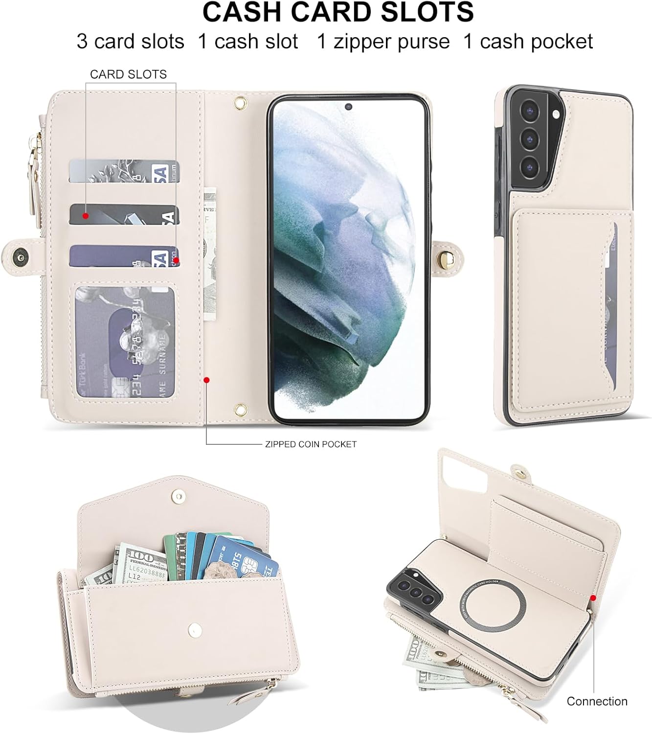 Phone Case for Samsung Galaxy S21 Plus S21+ 5G Wallet Cover Compatible with Magsafe RFID Screen Protector Crossbody Lanyard Strap Flip Card Holder Slot S21+5G S21plus 21S + S 21 21+ G5 Off White