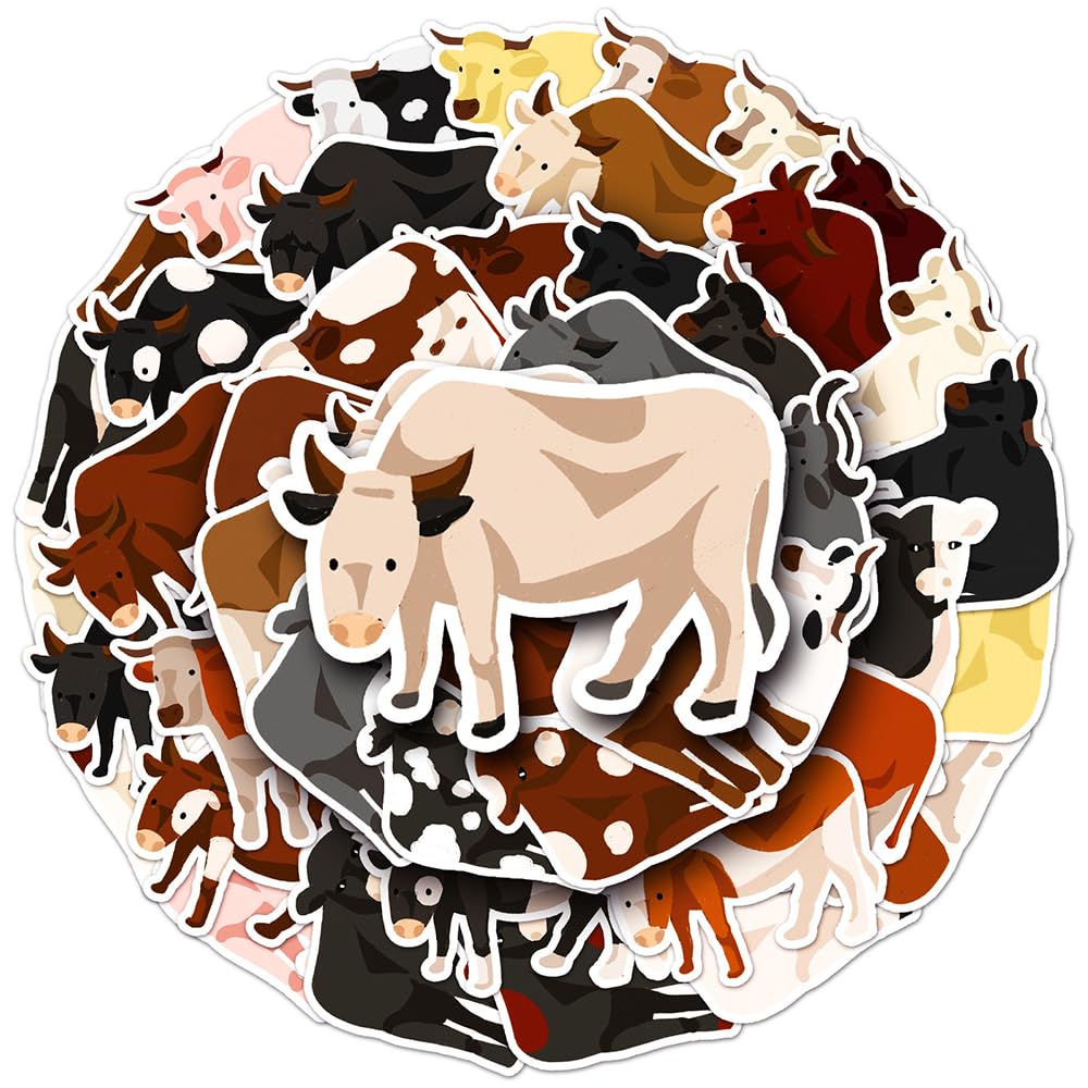 Funny Cattle Vinyl Stickers, 50 PCS Waterproof Flat Animal Decals for Laptops Scrapbooking, Journals, Notebooks