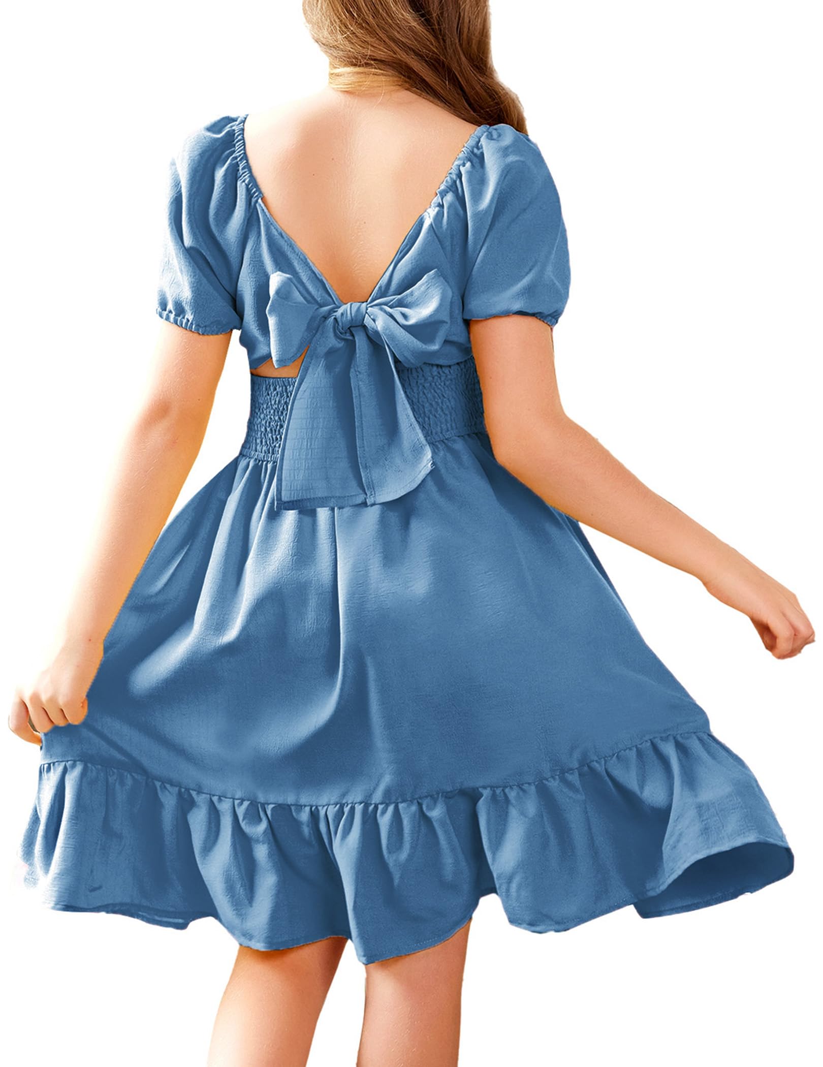 Arshiner Girls Tie Back Short Sleeve Ruffle Hem Off Shoulder Casual Elegant Dresses 4-12 Years