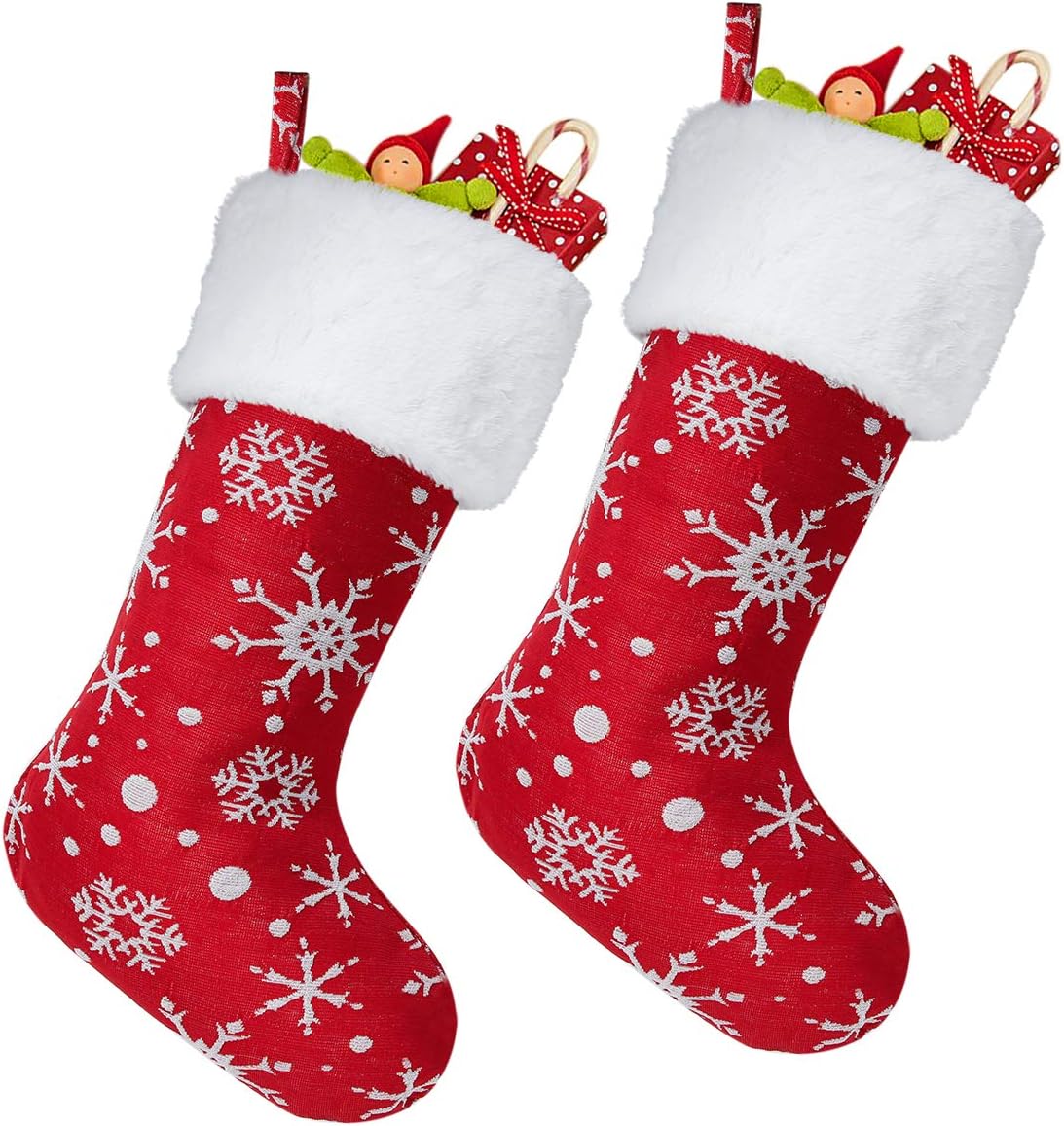 Townshine Red Christmas Stockings, 18 Inches Faux Furry Fur Plush Cuff White Snowflake Large Xmas Stocking for Holiday Decoration (2)