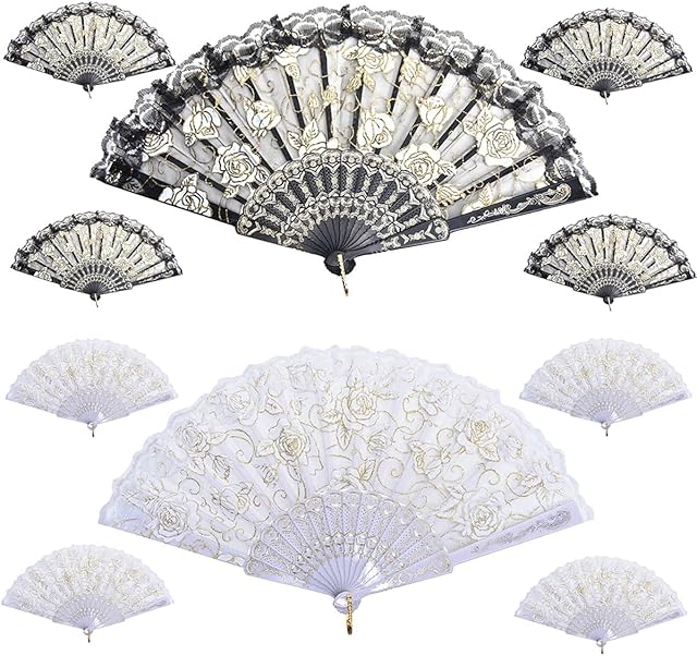 Eidoct 10 Pieces Fabric Folding Fans, Folding Hand Fans, Elegant Vintage Retro Flower Rose Lace Handheld Chinese Folding Fan for Women Hand Craft (White, Black)