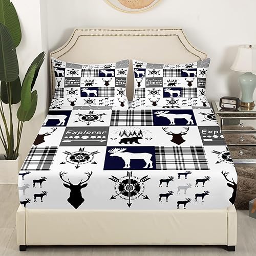 Miniatura 3 de Juego de sábanas de ciervo de alce para niñas y niños, juego de ropa de cama con diseño de flechas tribales con diseño de búfalo blanco y negro,