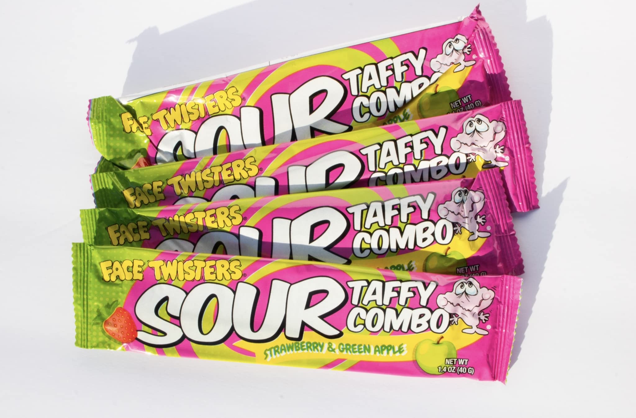 Face Twisters Sour Taffy Combo Strawberry and Green Apple | 4 Pack Large Sour Taffy Bars