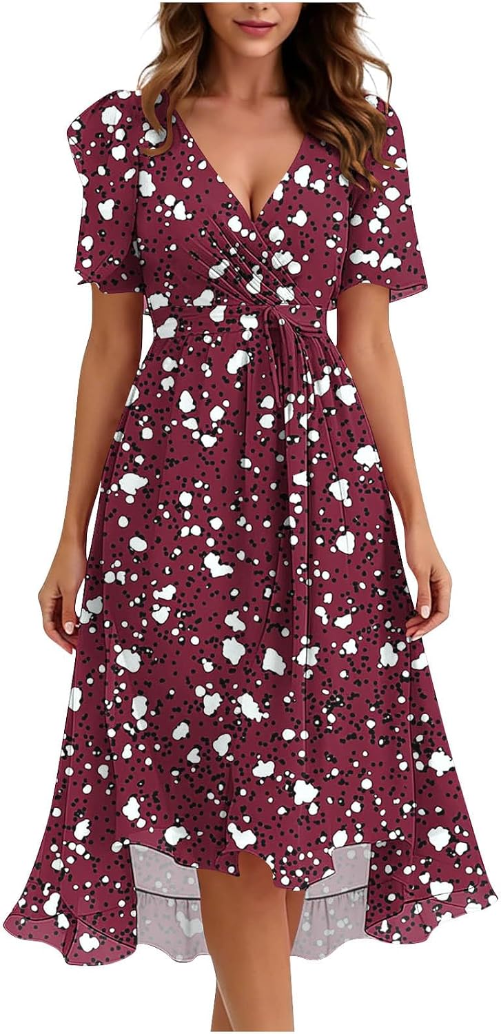Floral Printed Maxi Dress for Women Elegant V Neck Wrap Boho Summer Dresses Short Sleeve A Line Smocked Waist Dress