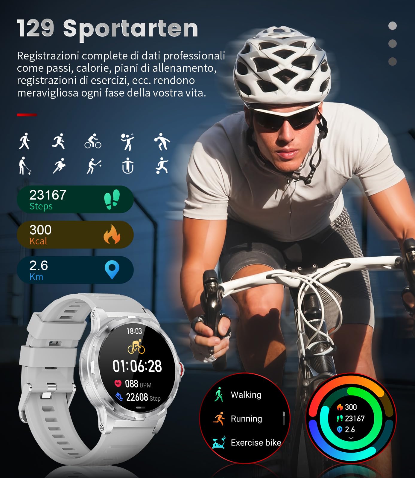 Smartwatch Uomo Orologio con Chiamate Bluetooth,1.43" AMOLED Militari Smart Watch,IP68 Impermeabile Fitness Watch,129+ modalità Sport,Cardiofrequenzimetro,SpO2,Notifiche Whatsapp per Android iOS