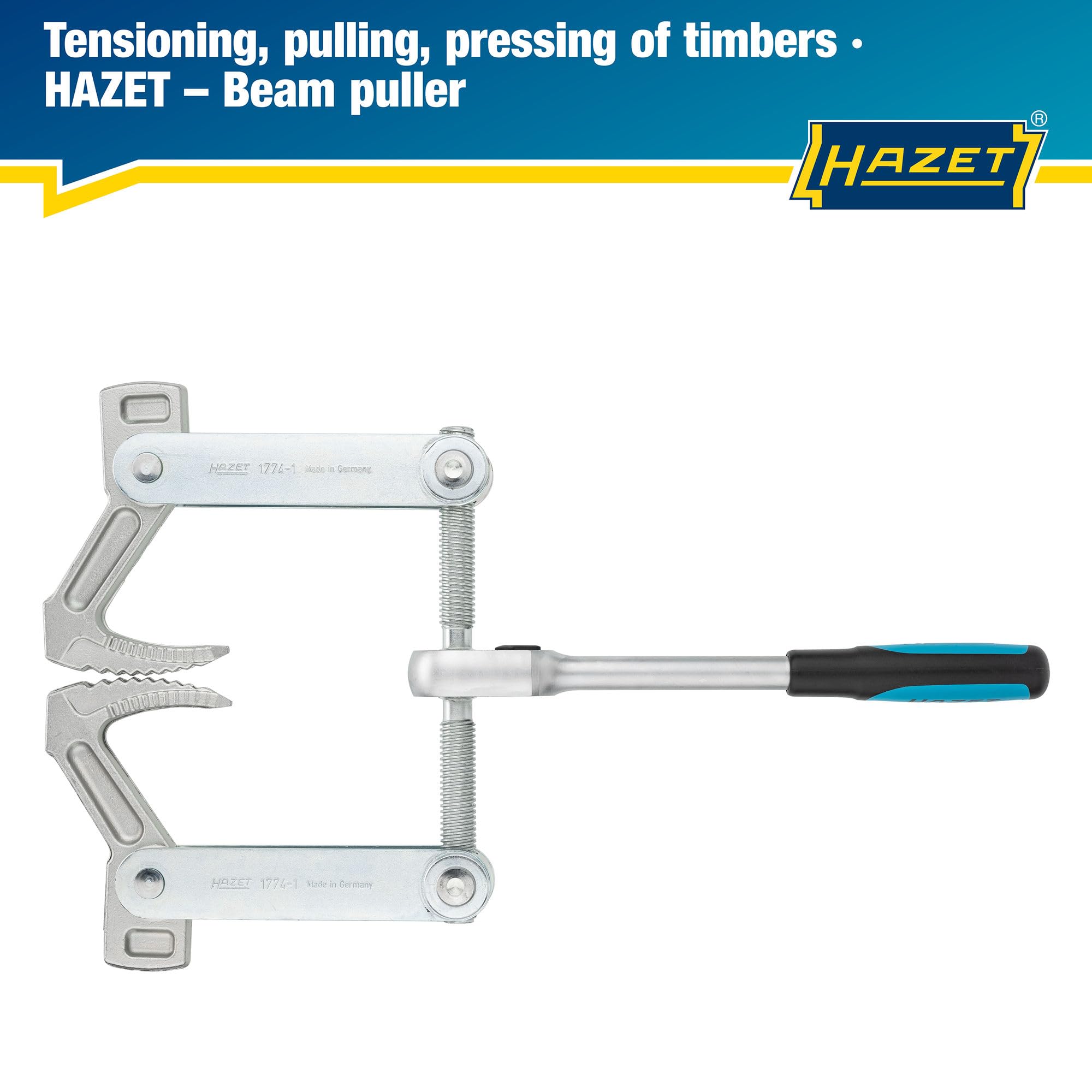 Extractor de vigas HAZET 1774-1 I carrera de sujeción: 115 mm, anchura total: 440 mm, longitud de la carraca: 275 mm, rosca trapezoidal TR 16 x 5 I para sujetar, tirar y comprimir madera