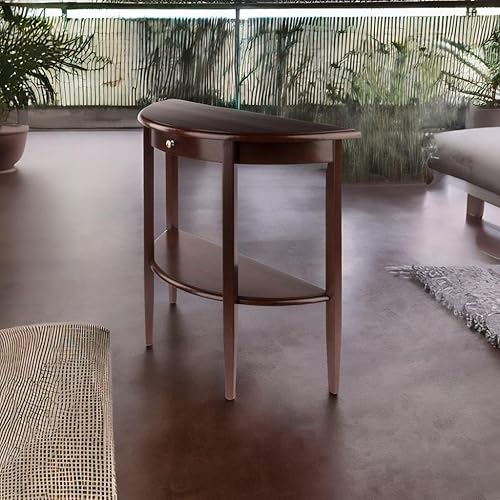 Miniatura 4 de Ergode Elegante mesa consola de media luna de nogal con cajón y estante inferior, mesa decorativa de entrada de madera maciza para pasillo, sala de