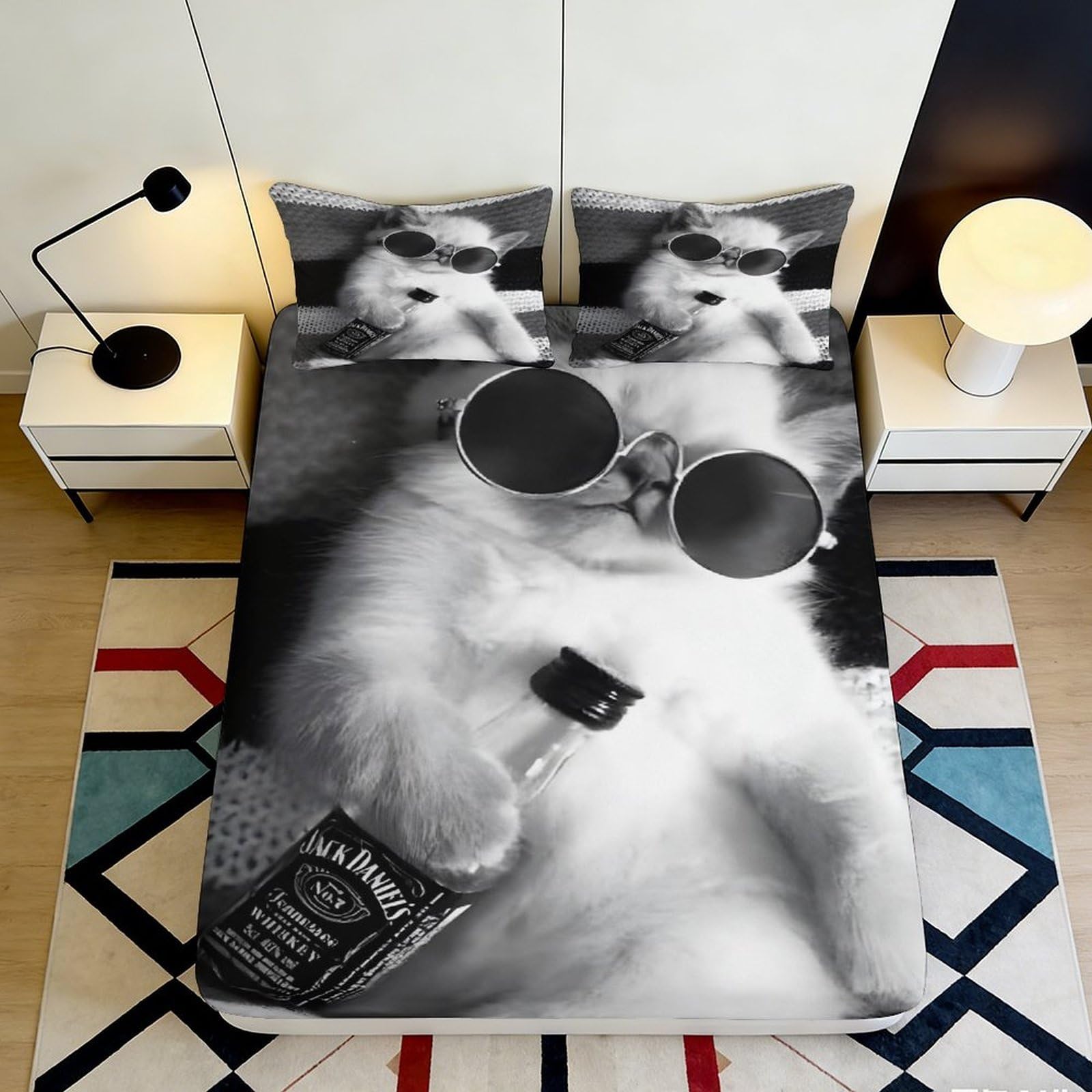 3D Printed Cool Cat Sunglasses Fitted Sheet Microfiber Soft Breathable Retro Bed Cover for Bedroom Dorm Decor 90x200x25cm
