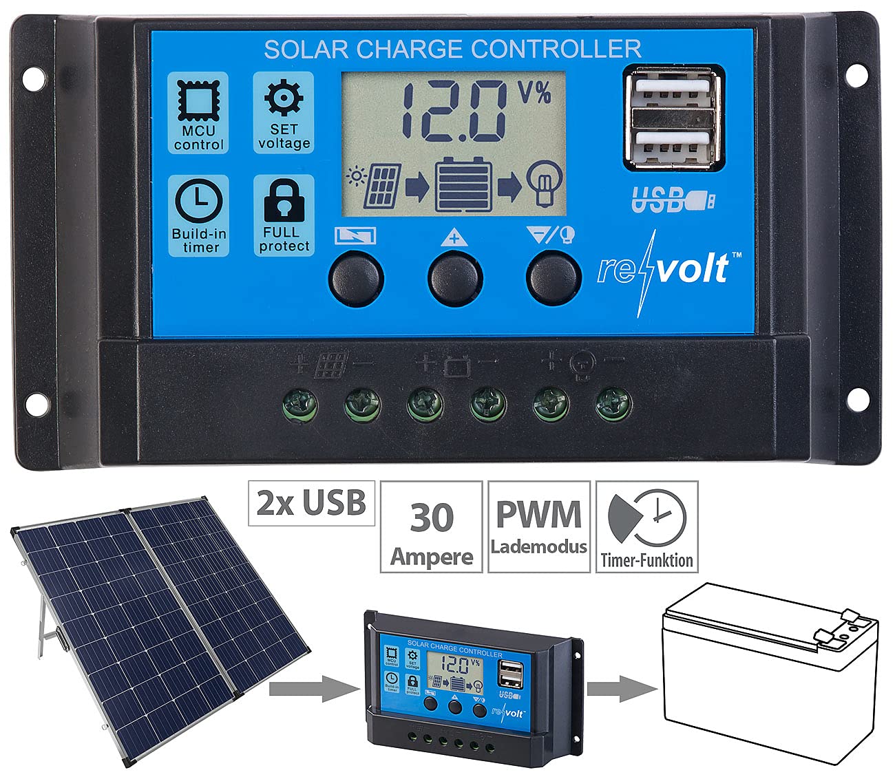 revolt Solar Charge Controller: Solar-Laderegler für 12/24-V-Akkus, PWM-Lademodus, 2 USB-Ports, 30 A (Ladestromregler, Charge Controller 12V, MPPT)