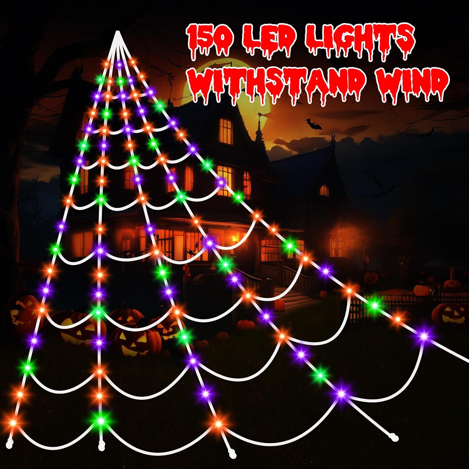 Halloween Decorations Spider Webs Lights: 150 Purple & Orange & Green LED Halloween Lights Decor Outdoor, 17.4Ft Giant Spiderweb with 8 Lighting Modes Waterproof & Timer, Yard Spider Web Decoration