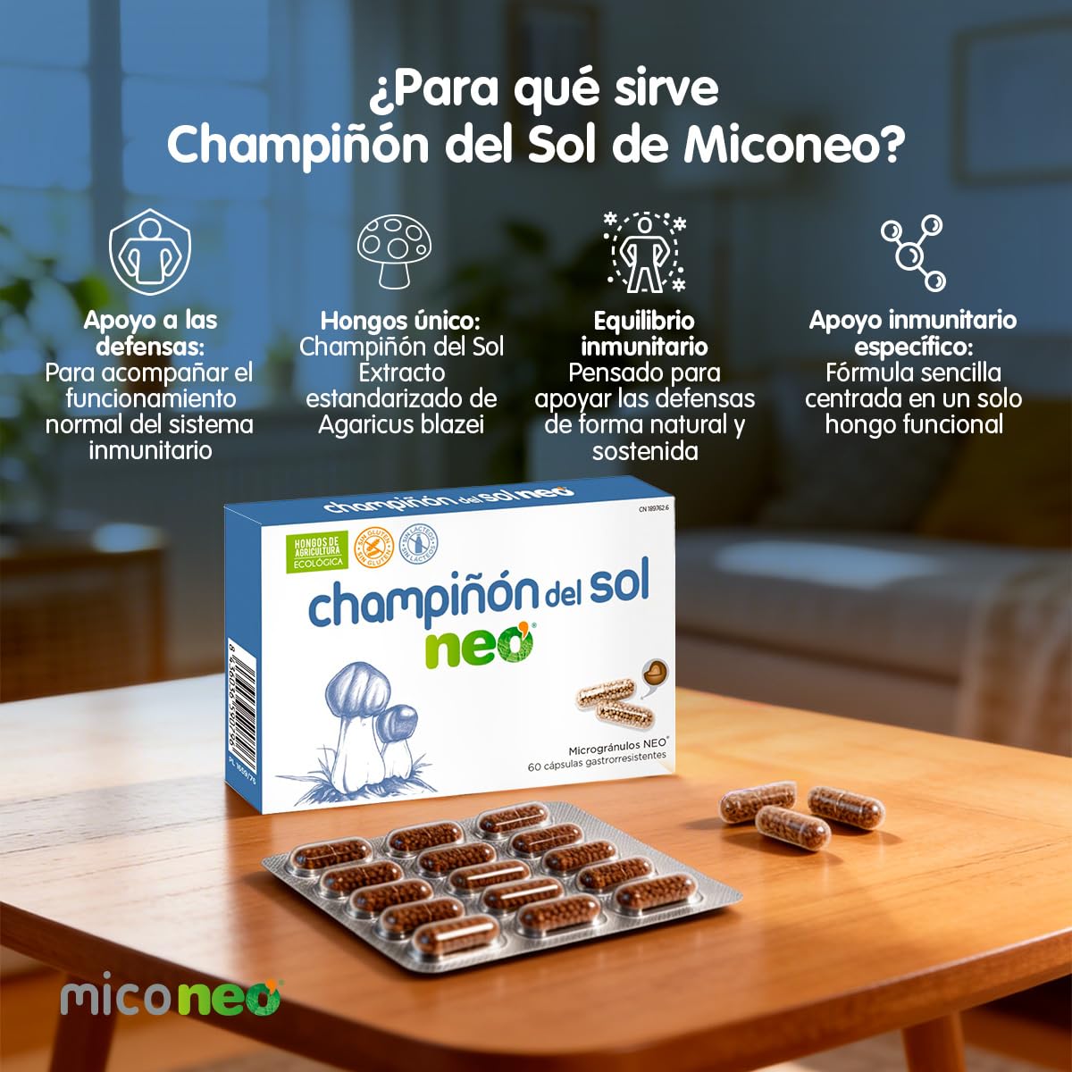 Mico NEO | Champiñón del Sol | 60 Cápsulas | Suplemento Alimenticio Natural | Elaborado con Hongos