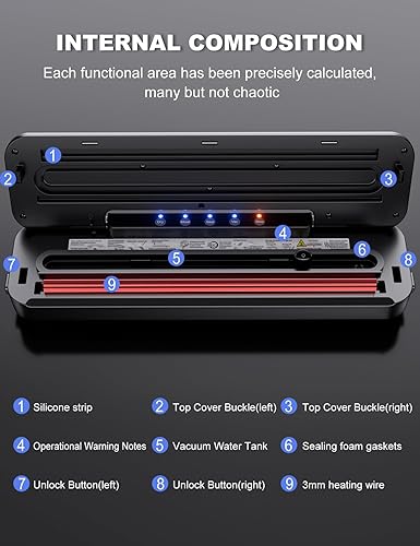 Miniatura 7 de Máquina selladora al vacío, ahorro de vacío de alimentos de potencia de succión de 75 KPa con kits de inicio con 10 bolsas, sellador al vacío