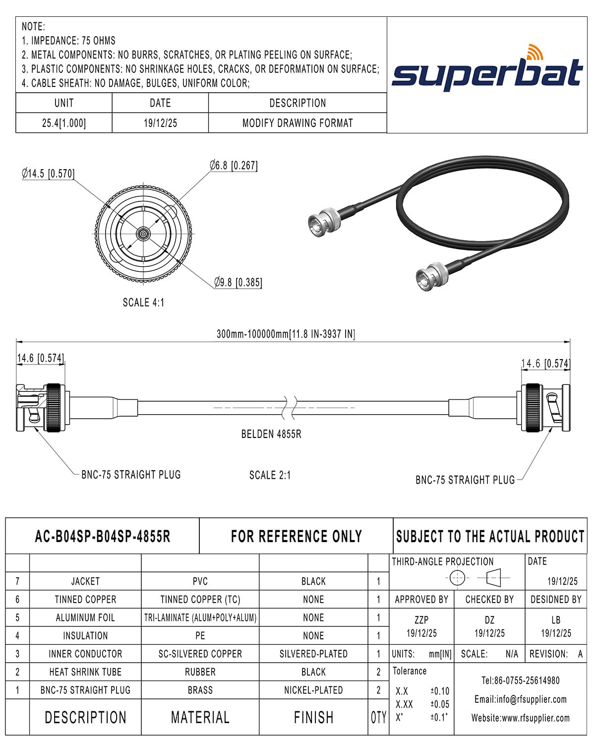 Superbat Câble SDI 12G 4K Court 30cm BNC Mâle à Mâle Belden 4855R Cordon SDI 75 ohms pour Blackmagic Vidéo DVR Oscilloscopes Caméras de Surveillance CCTV